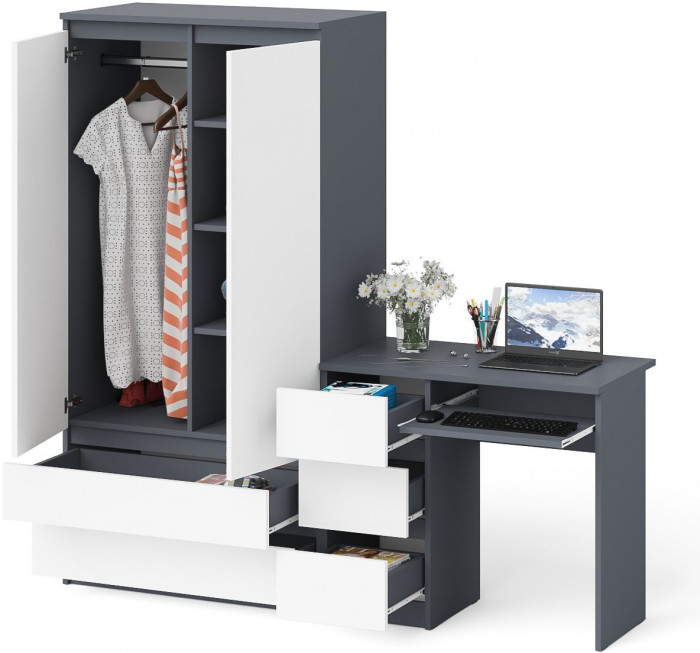 Мори компьютерный стол МС-6 левый + Шкаф МШ900.1, графит/белый