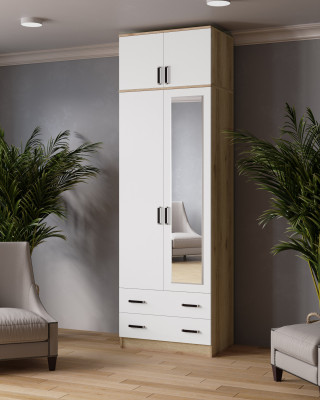 Шкаф 0,8 Лагуна с антресолью и зеркалом, Дуб делано/Белый