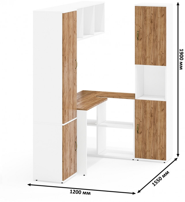 Лидер-8 Пенал МД 22Б + Стол + Полка + Пенал, цвет белый шагрень/крафт золото, ШхГхВ 245х50х75/190 или 155х120/50х75/190 см., НЕ универсальная сборка