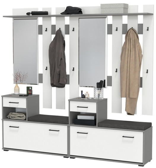 Лира ГК Прихожая 2 Два х Тумба под обувь + Два х Вешалка с зеркалом, цвет графит/белый, ШхГхВ 200х33х185 см., универсальная сборка