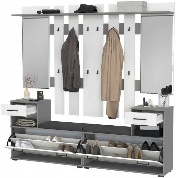 Лира ГК Прихожая 2 Два х Тумба под обувь + Два х Вешалка с зеркалом, цвет графит/белый, ШхГхВ 200х33х185 см., универсальная сборка