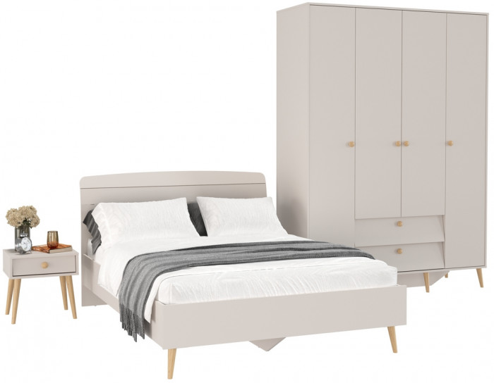 Афина Спальня Кровать 1400 + Шкаф 4-х дверный + Тумба, кашемир серый