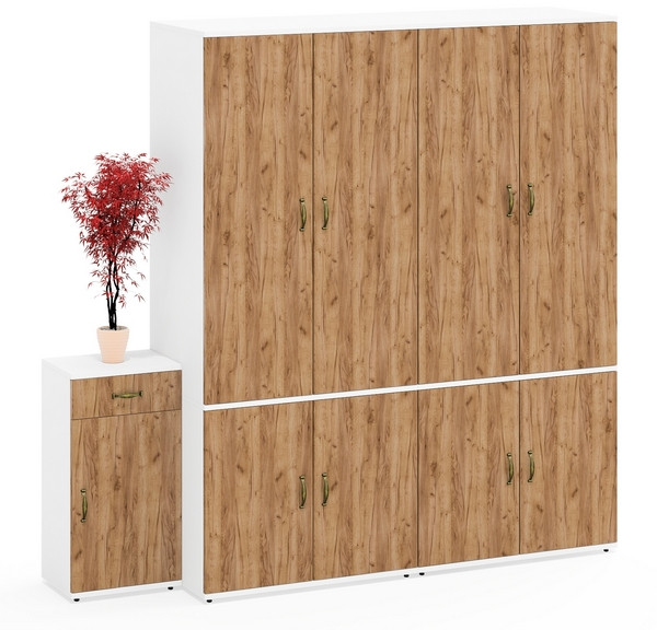 Лидер-8 Шкаф МД 19Б + Шкаф МД 19Б + Тумба МД 3.15, белый шагрень/крафт золото