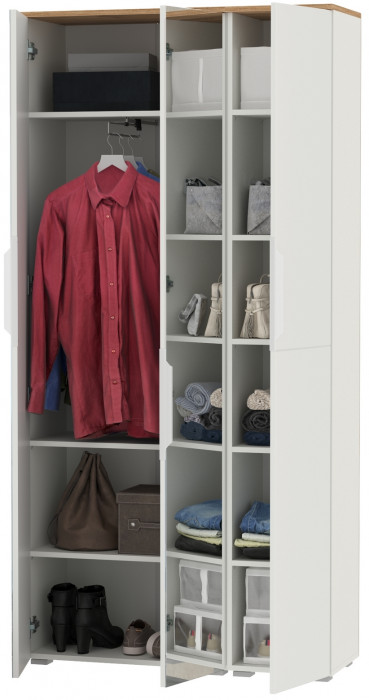 Октава 13.338 Шкаф для одежды + 13.228 Пенал, белый шагрень/дуб крафт золотой/фасады МДФ белый шагрень/зеркало