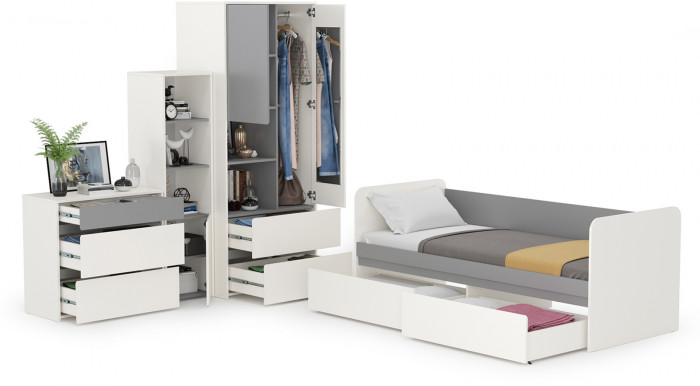 Торонто Компоновка № 26, цвет белый шагрень/стальной серый, сп. м. 800х1900 мм., б/м, основание есть, универсальная сборка