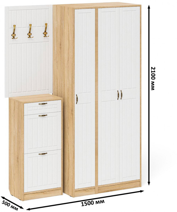 Прихожая П-6 Компоновка № 50, дуб сонома/фасады МДФ белое дерево фрезеровка прованс