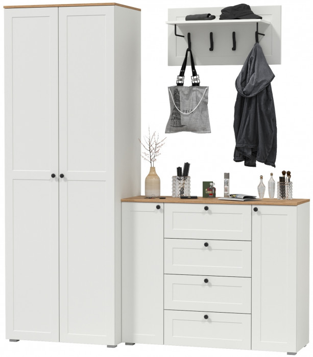 Остин Прихожая 15, цвет белый шагрень/дуб крафт золотой, ШхГхВ 200х54,3х229,6 см., универсальная сборка