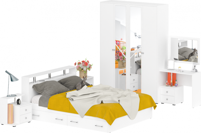 Камелия спальня № 9 Кровать с ящиками 1600 + Две тумбы + Стол косметич. + Зеркало + Шкаф 4-х, белый