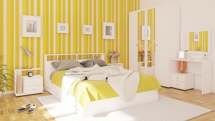 Камелия спальня № 9 Кровать с ящиками 1600 + Две тумбы + Стол косметич. + Зеркало + Шкаф 4-х, белый