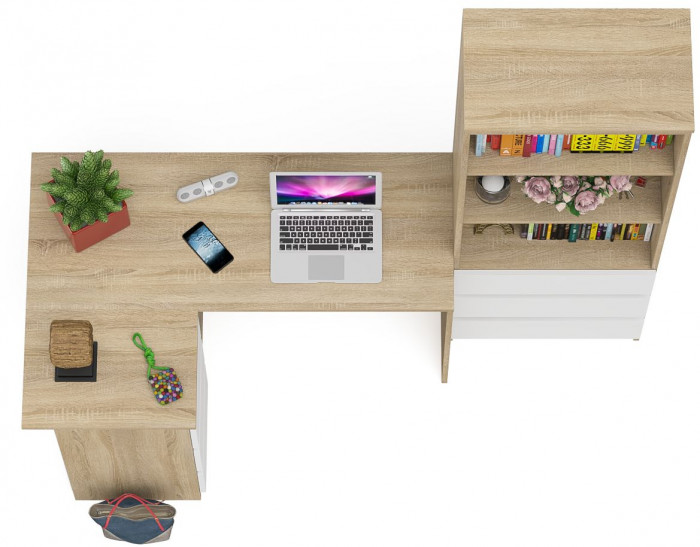 Мори компьютерный стол МС-16 левый + Стеллаж МСТ600.3, дуб сонома/белый