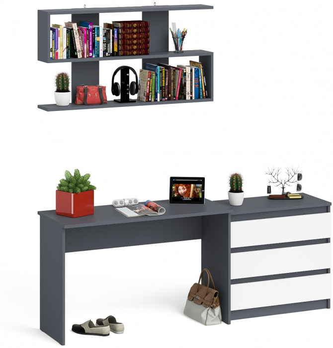 Мори Стол письменный МСП1200.1 + Комод МК800.1 + Полка 1200, цвет графит/белый, ШхГхВ 200,8х50х209,6 см., универсальная сборка