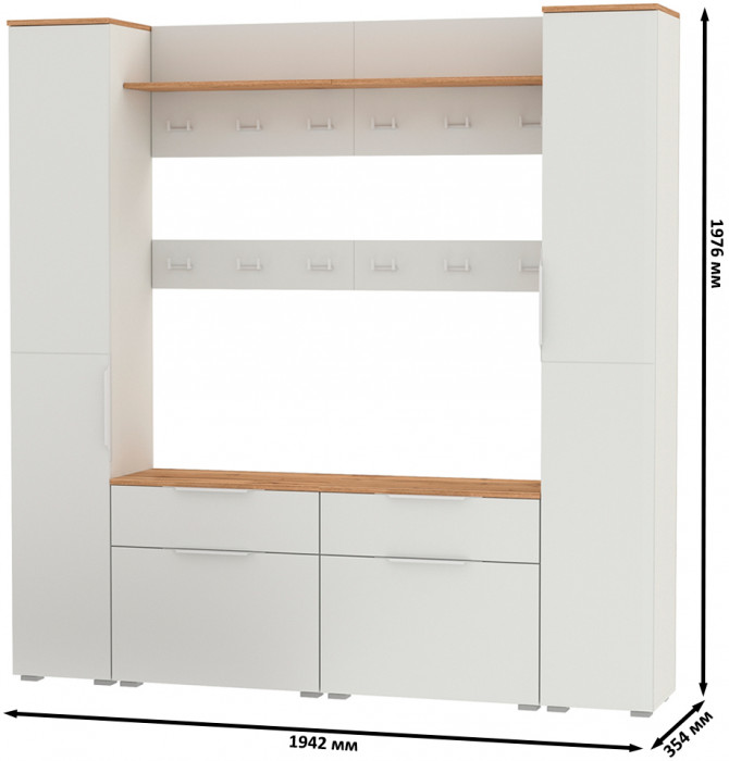 Октава Прихожая 35, цвет белый шагрень/дуб крафт золотой/фасады МДФ белый шагрень, ШхГхВ 194,2х35,4х197,6 см., универсальная сборка