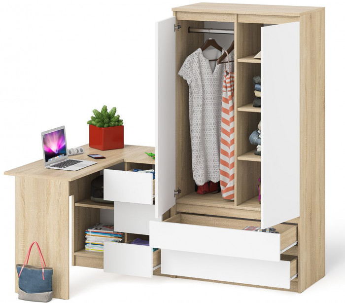 Мори компьютерный стол МС-16 правый + Шкаф МШ900.1, дуб сонома/белый