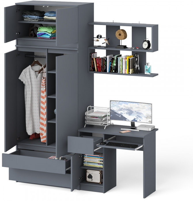 Мори Стол компьютерный МС-1 левый + Шкаф МШ900.1 + Антресоль МА900.1 + Полка 900, цвет графит, ШхГхВ 180,4х50,4х234,2 см., НЕ универс. сб.
