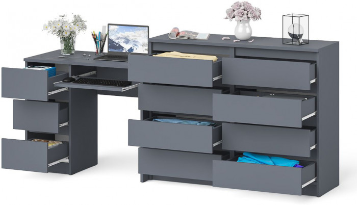 Мори Стол компьютерный МС-6 левый + Комод МК1200.8, цвет графит, ШхГхВ 210,4х50х94 см., выдвижные ящики слева, НЕ универсальная сборка