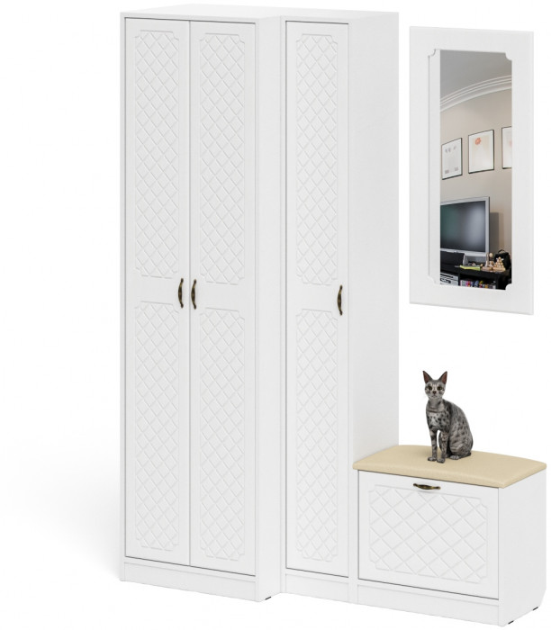 Прихожая П-6 Компоновка № 26, белая шагрень/фасады МДФ белое дерево фрезеровка ромб