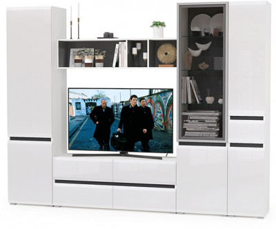 Сидней Комплектация № 025, корпус белый/чёрный/фасады МДФ белый глянец