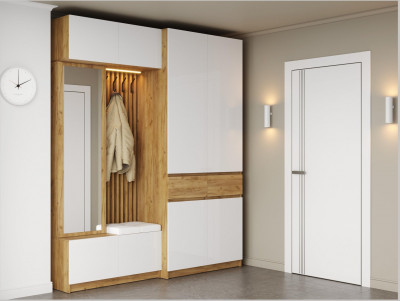 Модульная прихожая Бостон МДФ, композиция 1 (Белый глянец, Дуб Крафт Золотой)