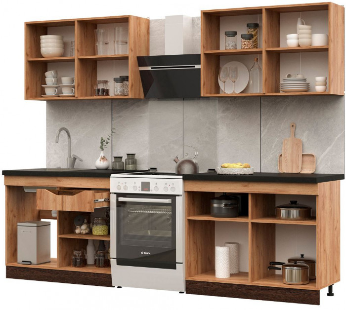 Кухня Паола 2,0 (2000х2160х600) МДФ ВЕНГЕ(тиковое дерево)/ДУБ КРАФТ ЗОЛОТО