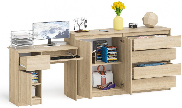 Мори Стол компьютерный МС-1 левый + Комод МК1600.1, цвет дуб сонома, ШхГхВ 250,4х50х94 см., выдвижной ящик слева, НЕ универсальная сборка