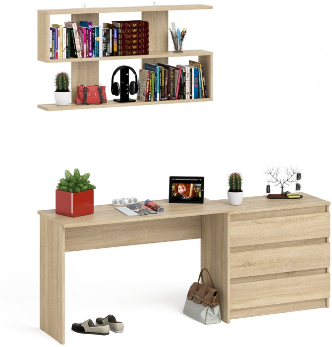 Мори Стол письменный МСП1200.1 + Комод МК800.1 + Полка 1200, цвет дуб сонома, ШхГхВ 200,8х50х209,6 см., универсальная сборка