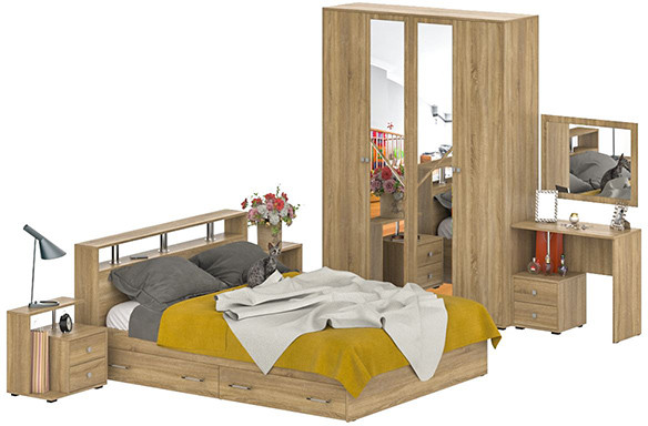 Камелия спальня № 9 Кровать с ящиками 1600 + Две тумбы + Стол космет. + Зеркало + Шкаф 4-х, цвет дуб сонома, сп.м. 1600х2000 мм., б/м, осн. есть