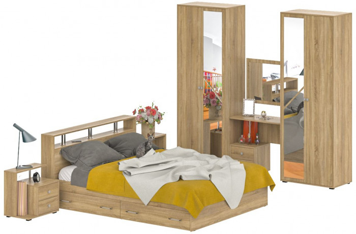 Камелия спальня № 9 Кровать с ящиками 1600 + Две тумбы + Стол космет. + Зеркало + Шкаф 4-х, цвет дуб сонома, сп.м. 1600х2000 мм., б/м, осн. есть