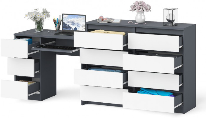 Мори Стол компьютерный МС-6 левый + Комод МК1200.8, цвет графит/белый, ШхГхВ 210,4х50х94 см., выдвижные ящики слева, НЕ универсальная сборка