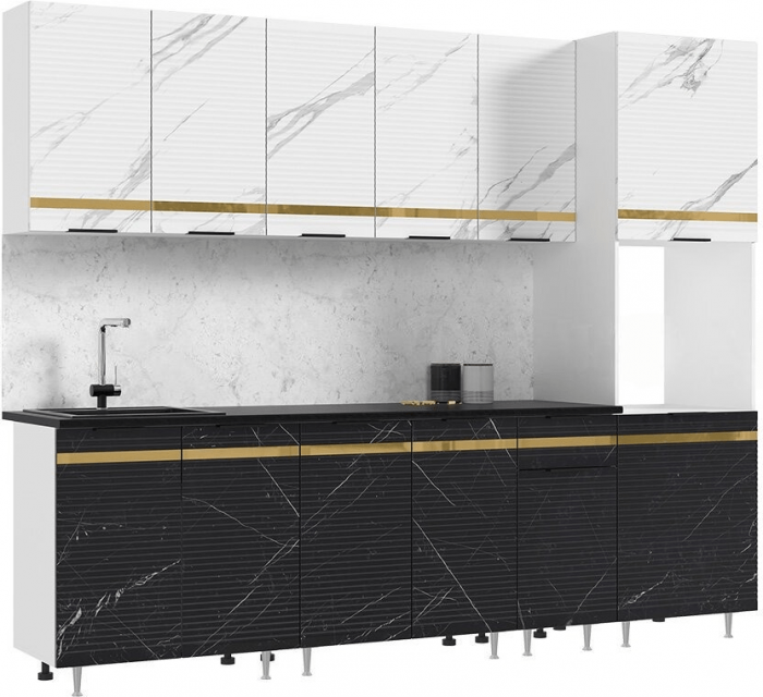 Кухня МДФ Милена 2600 (Белый, Мрамор блэк софт, Антарес)