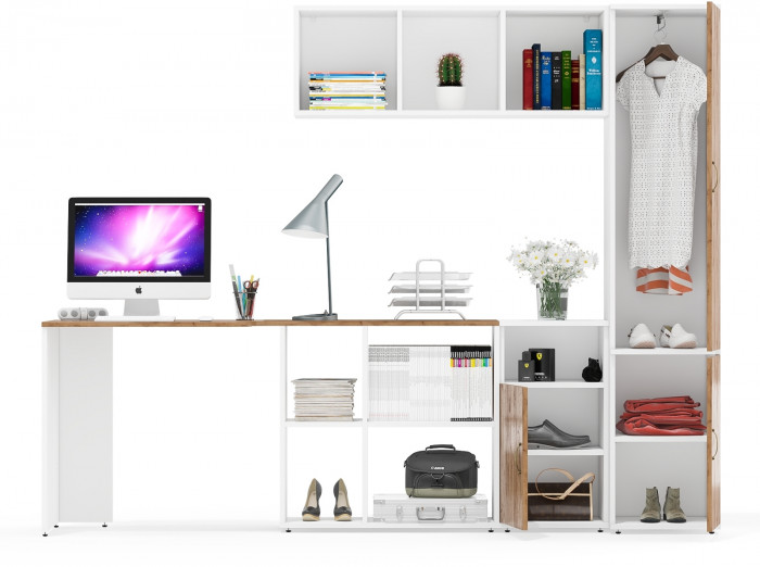 Лидер-8 Стол + Полка + Тумба МД 3.19 + Пенал МД 21Б, белый шагрень/крафт золото