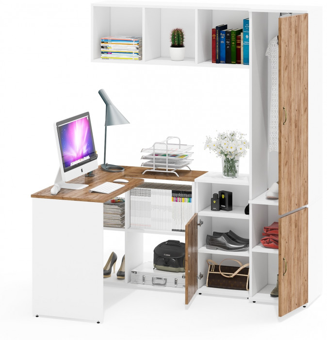 Лидер-8 Стол + Полка + Тумба МД 3.19 + Пенал МД 21Б, белый шагрень/крафт золото