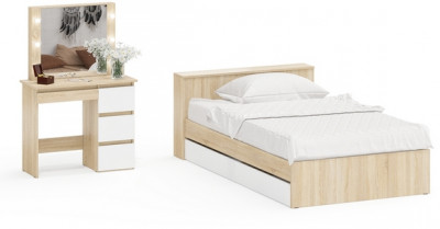 Ксения Кровать с ящиками 1200 + Стол косметический с подсветкой Сура, дуб сонома/белый