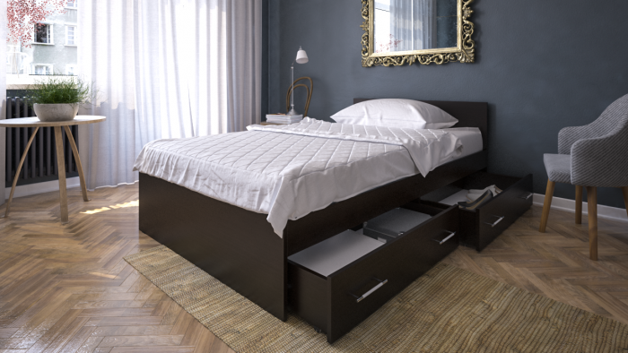 Стандарт Кровать с ящиками 1200, цвет венге, ШхГхВ 123,5х203,5х70 см., сп.м. 1200х2000 мм., без матраса, основание есть
