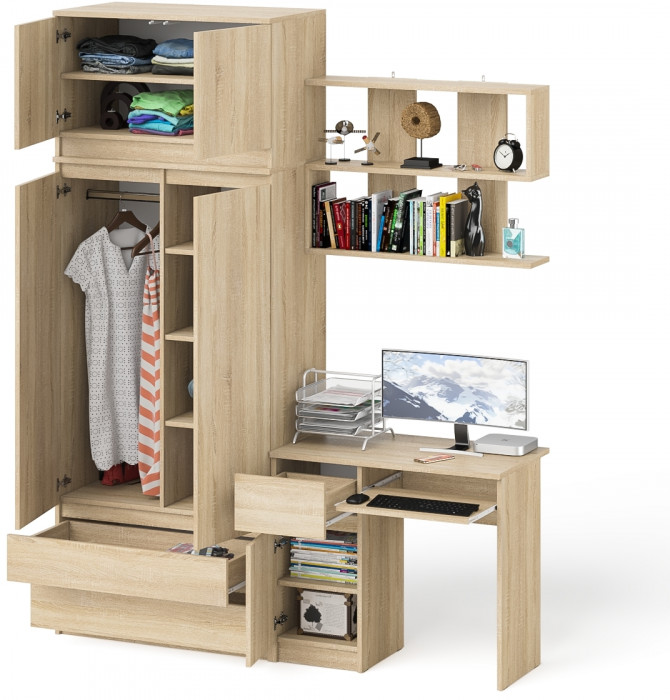Мори Стол компьютерный МС-1 левый + Шкаф МШ900.1 + Антресоль МА900.1 + Полка 900, цвет дуб сонома, ШхГхВ 180,4х50,4х234,2 см., НЕ универс. сб.