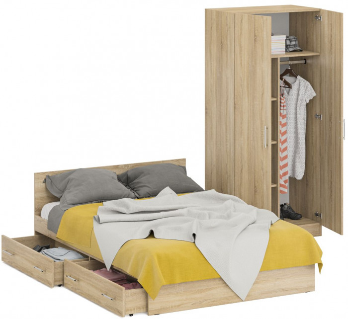 Кровать с ящиками 1400 + Шкаф 2-х створчатый Стандарт, дуб сонома
