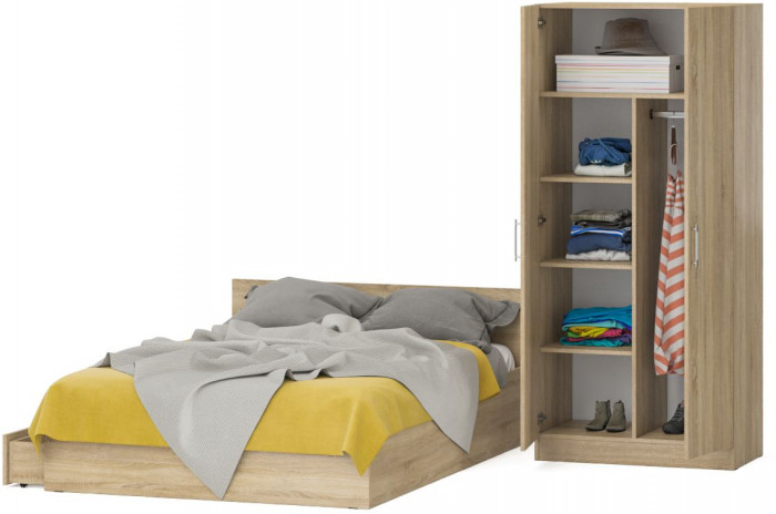 Кровать с ящиками 1400 + Шкаф 2-х створчатый Стандарт, дуб сонома
