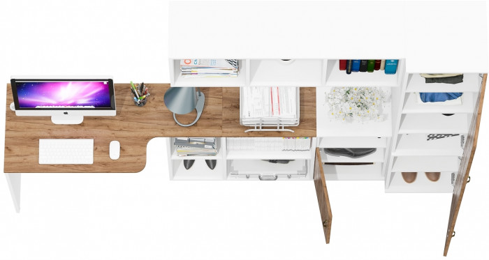 Лидер-8 Стол + Полка + Тумба МД 3.19 + Пенал МД 22Б, белый шагрень/крафт золото