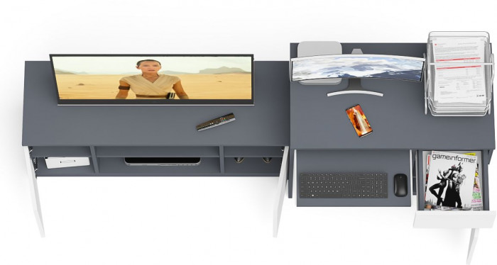 Мори компьютерный стол МС-1 правый + Тумба МТВ1200.1, графит/белый