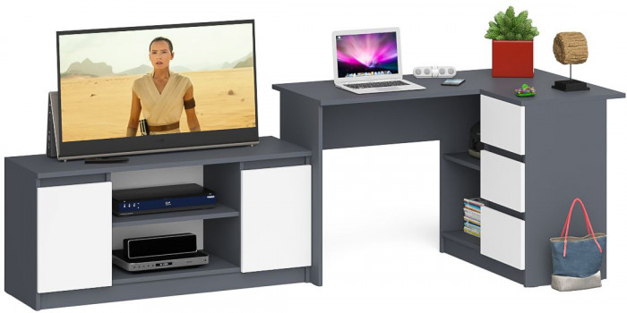 Мори компьютерный стол МС-16 правый + Тумба МТВ1200.1, графит/белый