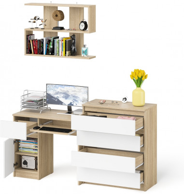 Мори Стол компьютерный МС-1 левый + Комод МК800.4 + Полка 900, цвет дуб сонома/белый, ШхГхВ 170,4х50х209,6 см., НЕ универсальная сборка