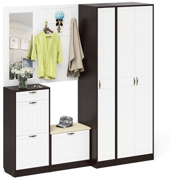 Прихожая П-6 Компоновка № 51, венге/фасады МДФ белое дерево фрезеровка прованс