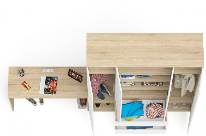 Мори Стол письменный МСП1200.1 + Шкаф МШ1600.1, цвет дуб сонома/белый, ШхГхВ 280,8х50,4х209,6 см., универсальная сборка