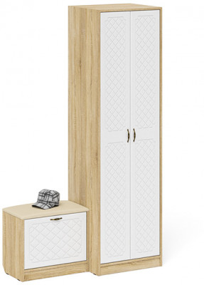Прихожая П-6 Компоновка № 10, цвет дуб сонома/фасады МДФ белое дерево фрезеровка ромб, ШхГхВ 120х50х210 см., универсальная сборка
