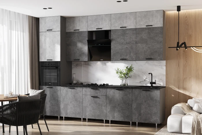 Кухня Рио NEW ЛДСП 3,0м/1080м (490) Компановка №3/1, Бетон светлый/Бетон темный/Белый глянец, Графит