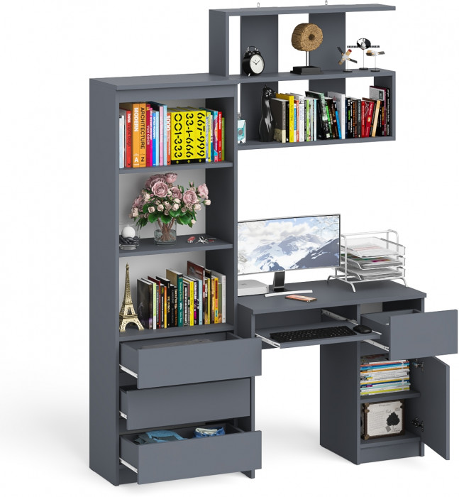 Мори Стол компьютерный МС-1 правый + Стеллаж МСТ600.3 + Полка 900, цвет графит, ШхГхВ 150,4х50х209,6 см., НЕ универсальная сборка