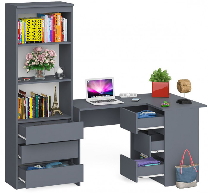 Мори Стол компьютерный МС-16 правый + Стеллаж МСТ600.3, цвет графит, ШхГхВ 184,8х84,9х179,6 см., выдвижные ящики справа, НЕ универсальная сборка