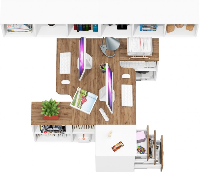 Лидер-8 Стол + Полка + Стол + Полка + Тумба МД 3.16, белый шагрень/крафт золото