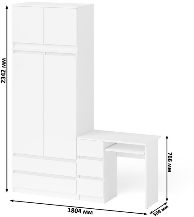 Мори Стол компьютерный МС-6 левый + Шкаф МШ900.1 + Антресоль МА900.1, цвет белый, ШхГхВ 180,4х50,4х234,2 см., выдвижные ящики слева, НЕ универс. сб.
