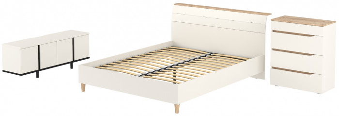 Муссон Кровать 11.41 + ортопед + Комод 13.97 + Тумба ТВ 13.276, цвет белый/чёрный/дуб эндгрейн элегантный, сп. м. 1600х2000 мм., б/м