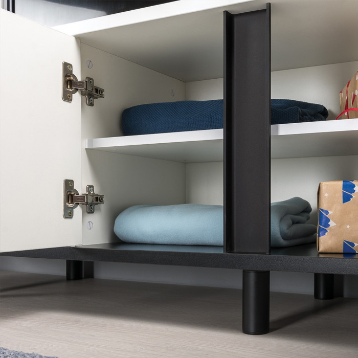 Муссон Кровать 11.41 + ортопед + Комод 13.97 + Тумба ТВ 13.276, цвет белый/чёрный/дуб эндгрейн элегантный, сп. м. 1600х2000 мм., б/м